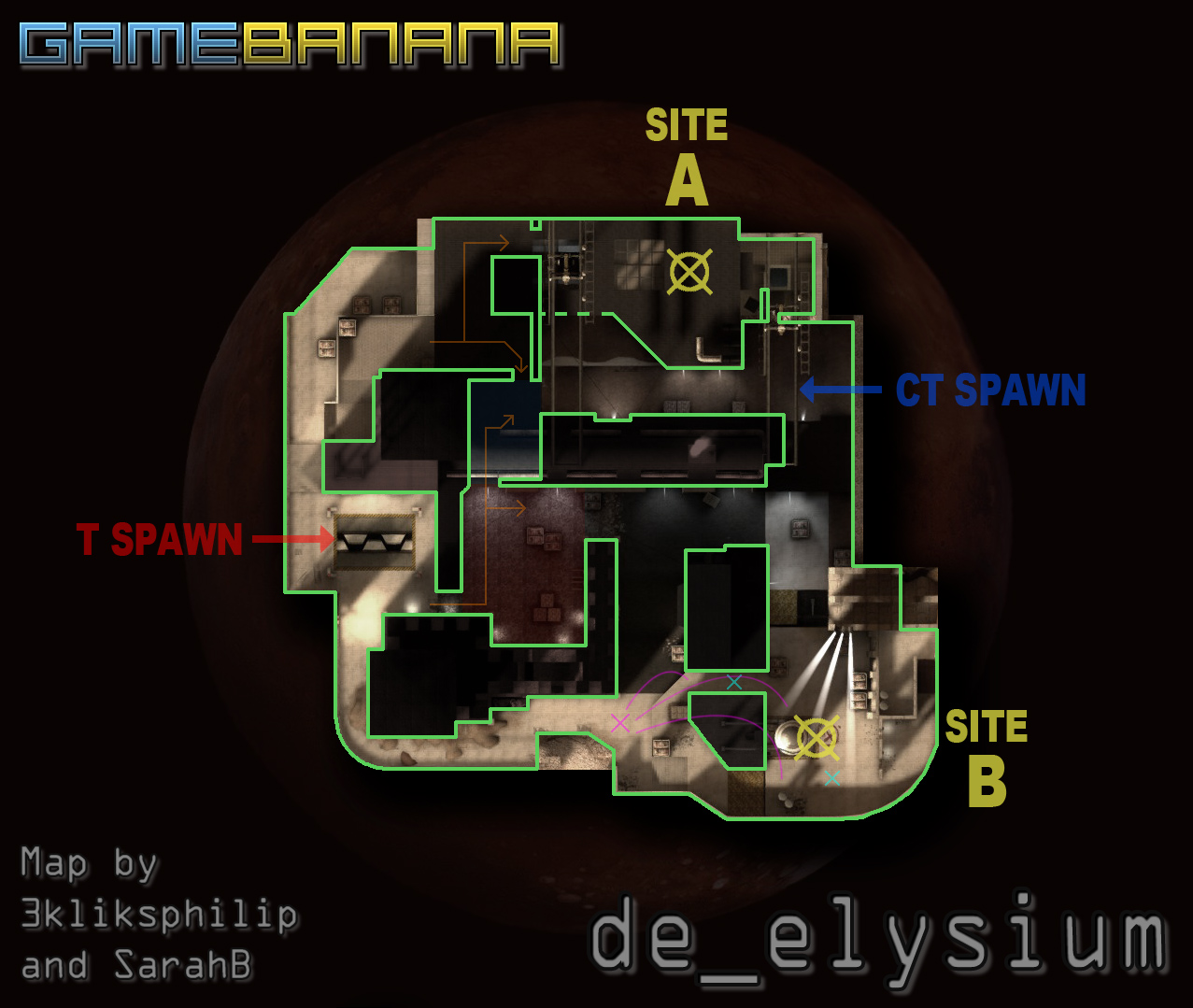 Overview of the map de_elysium. The green lines show the approximate limits of the walkable space, the other markings are explained in the text below.